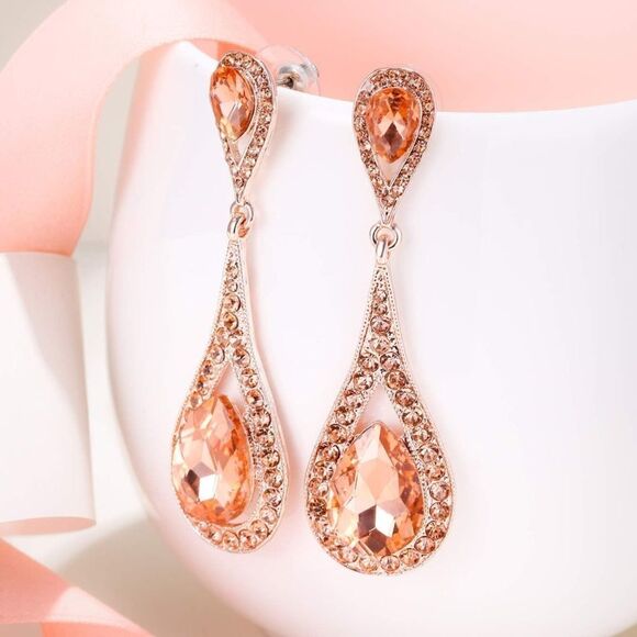 Rose Gold with Peach Morganite Austrian Crystal Dual Dangling Teardrop Earrings - Picture 2 of 5